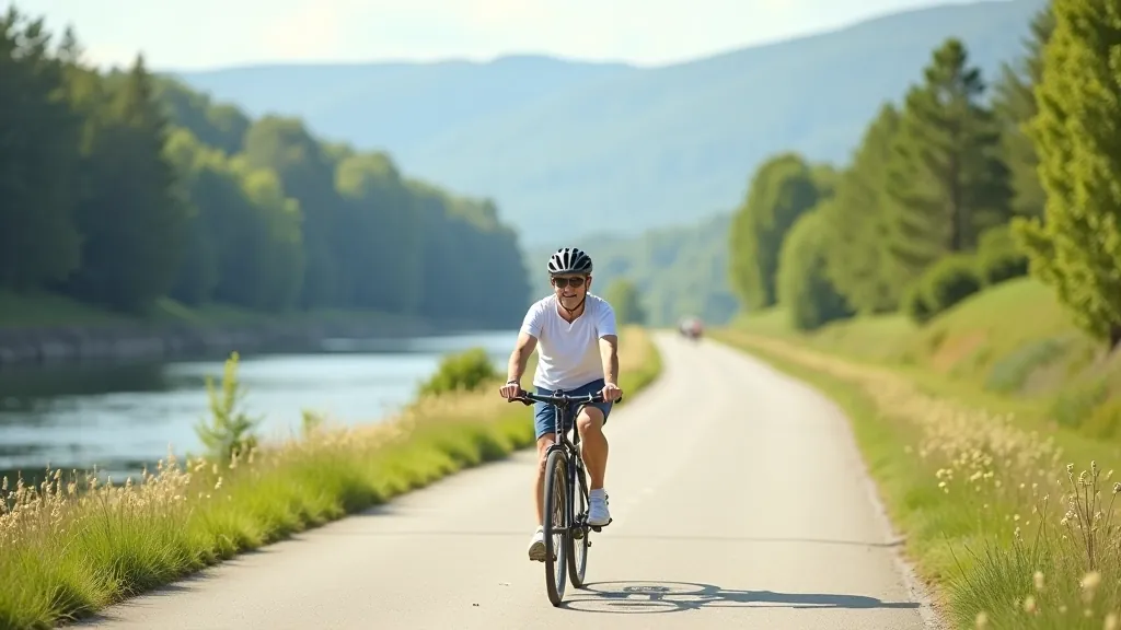 Labská cyklostezka s řekou Labem, soutěska s kopci a cyklistou na trase