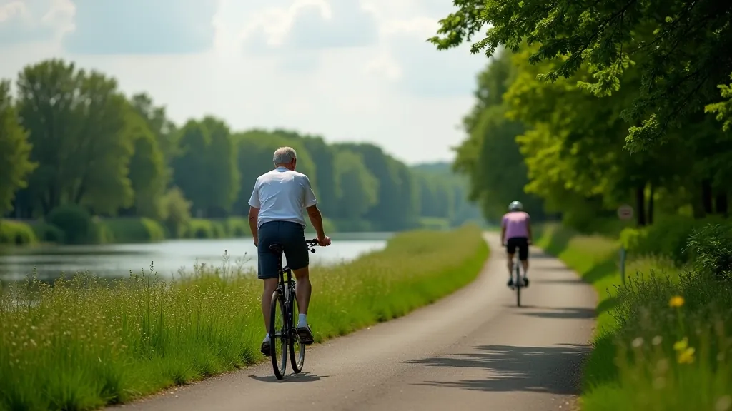 Silnice podél řeky Labe s cyklistou, zelené stromy a přírodní krajina