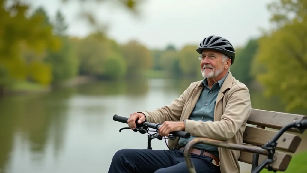 Seniorský cyklista odpočívá u řeky Labe s pohledy na krajinu